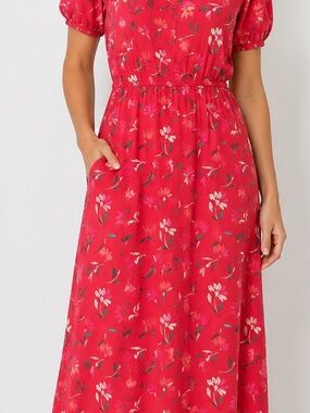 LOFT Red Floral Midi Dress with Puff Sleeves